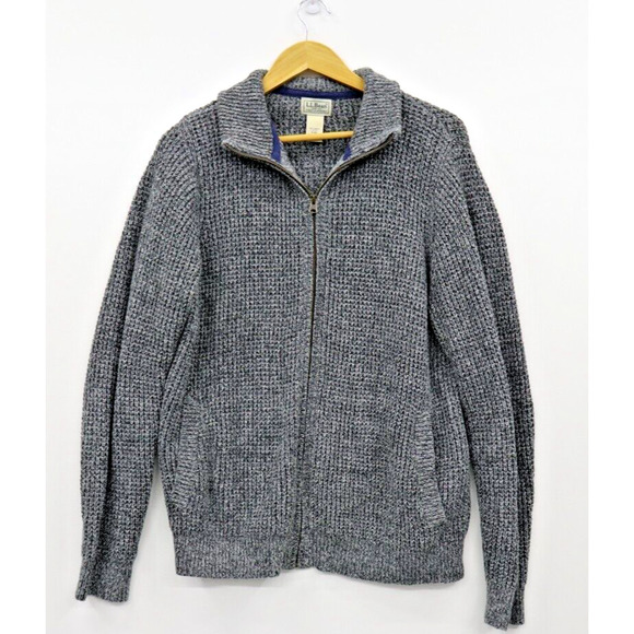 L.L. Bean Full Zip 100% Organic Cotton Waffle Knit Sweater Cardigan Mens M Grey - Picture 1 of 4